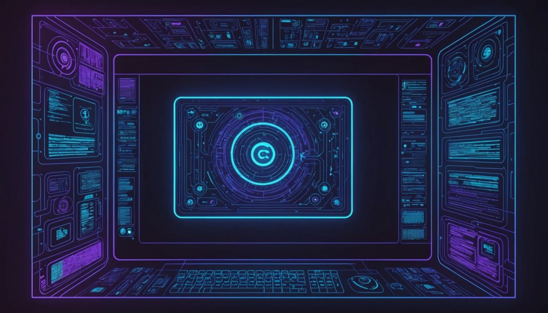 Illustration abstraite d'un éditeur de code et d'un réseau neuronal IA avec des icônes de jeu vidéo