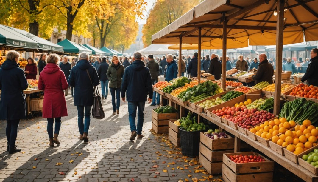 Illustration d'un marché français de produits locaux et de saison à l'automne