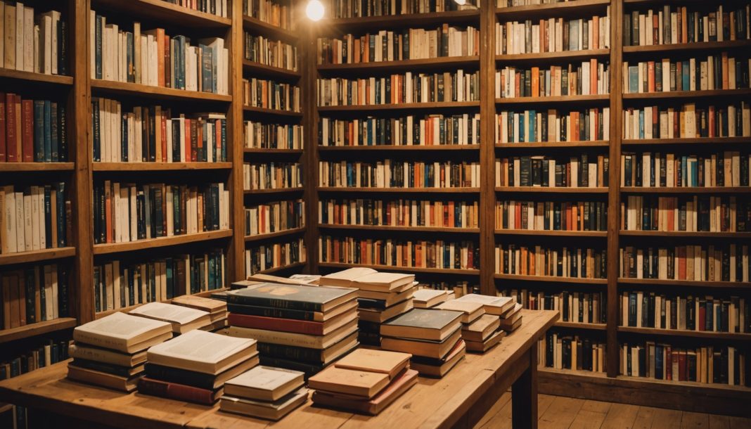 Piles de nouveaux romans sur une table de librairie, ambiance chaleureuse