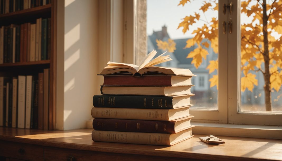 Pile de romans élégants sur un bureau en bois, lumière d'automne, illustration éditoriale
