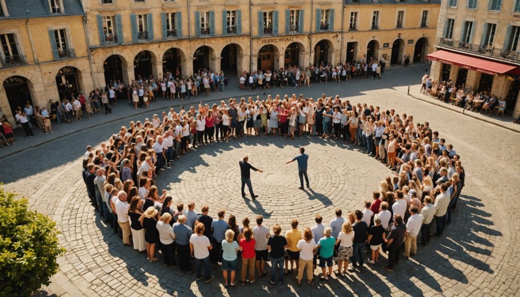 Grande ronde de danseurs tenant la sardane sur une place de village catalane en plein ete