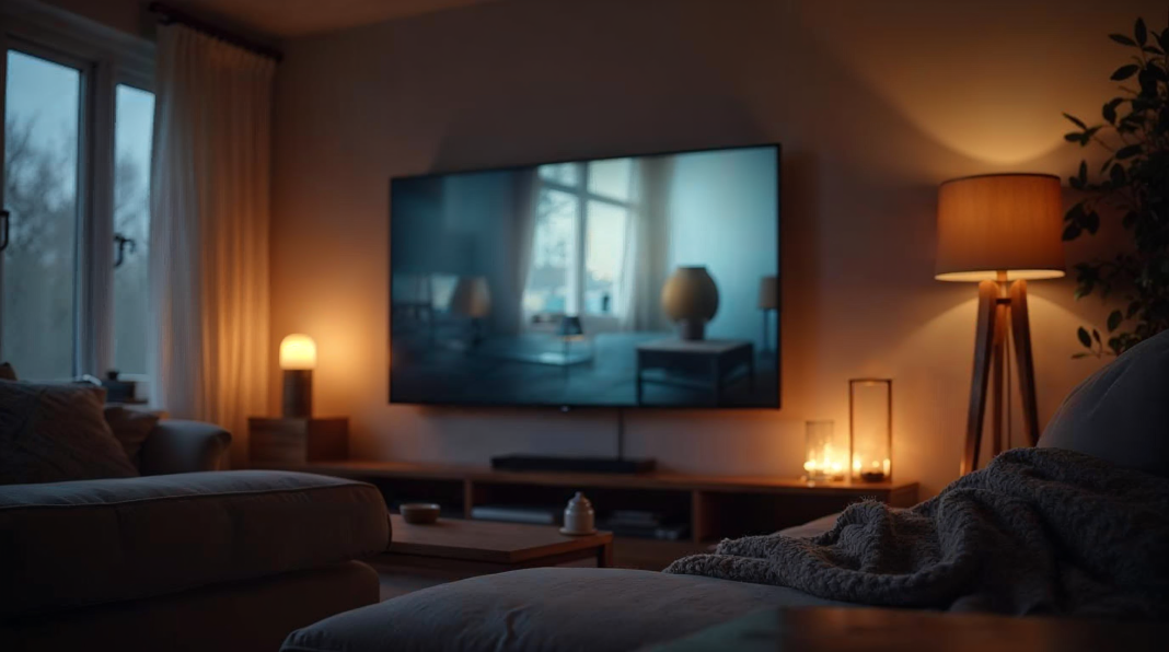 Salon sombre avec grand televiseur diffusant une scene de film floutee et telecommande sur le canape