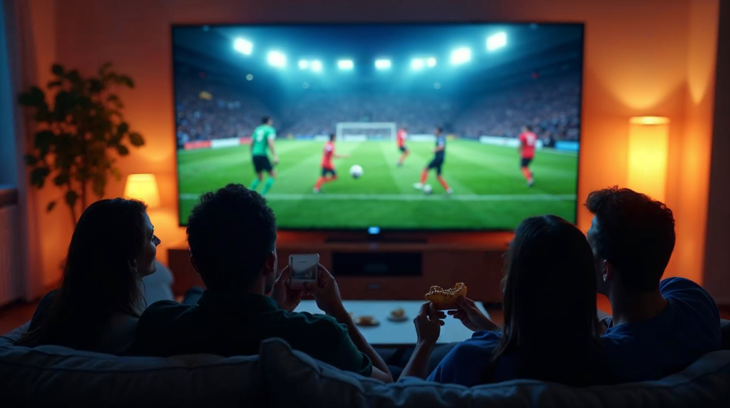 Salon avec match de football diffusé sur grand écran